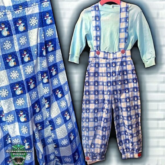 Vintage 1990’s Holiday Gender Neutral Blue Plaid Snowman Winter Snowflake Overal - Picture 1 of 5
